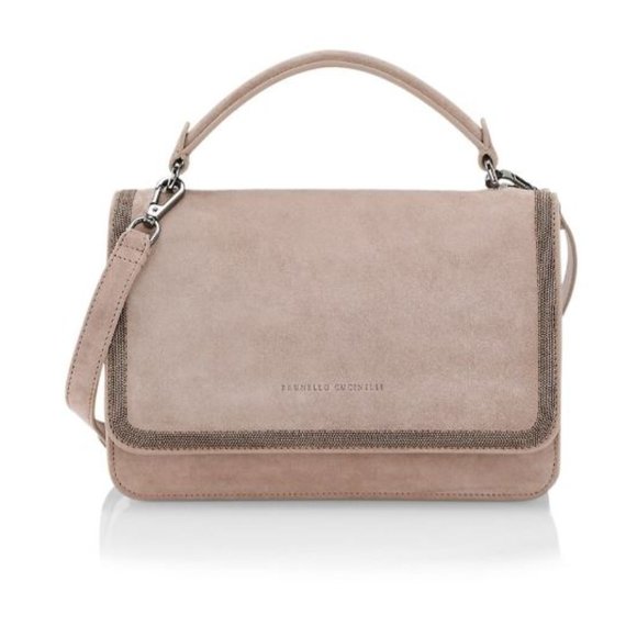 Brunello Cucinelli Handbags - Brunello Cucinelli Suede Monili-Trim Crossbody Bag Rosa Tan